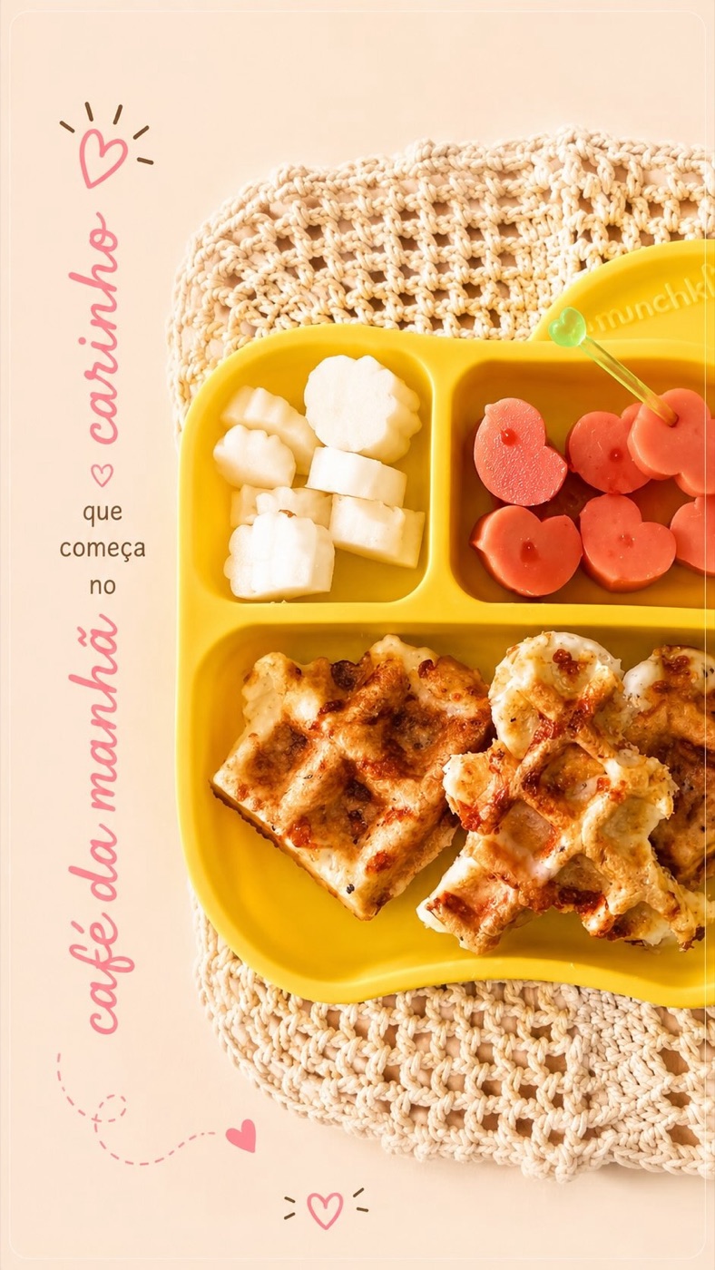 Lancheira amarela com waffles e fruta picada