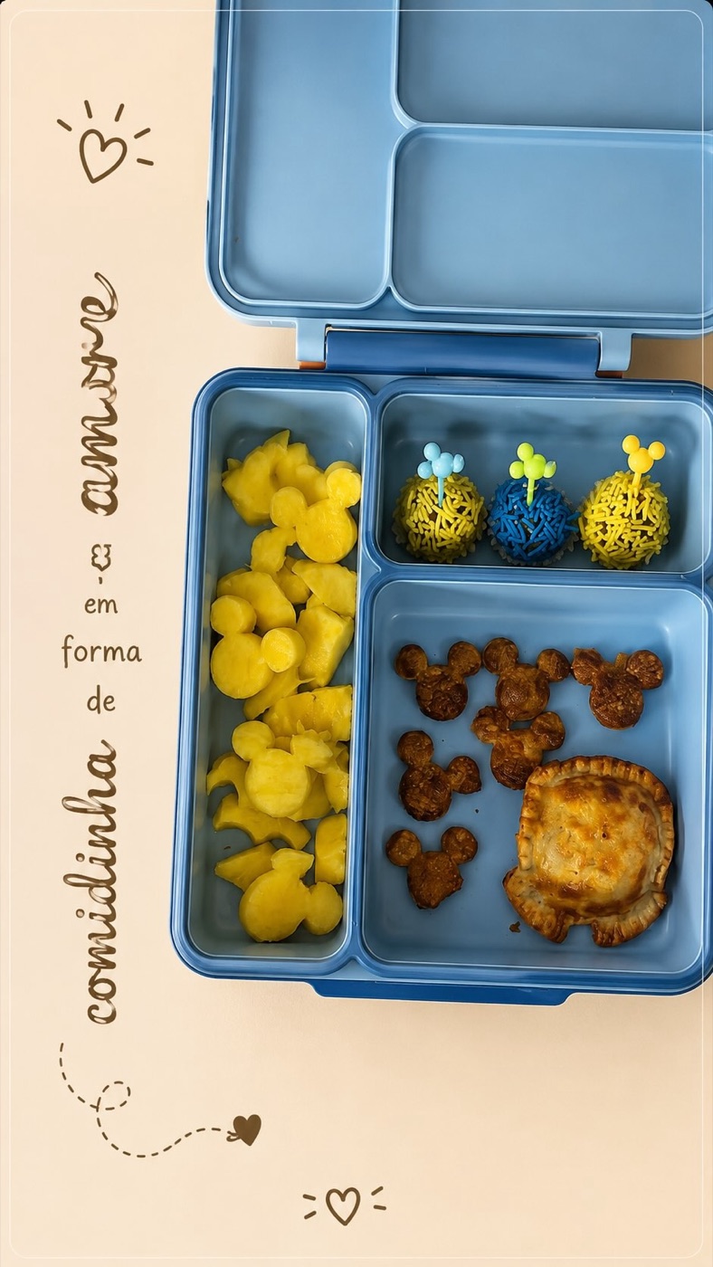 Lancheira azul com sanduíches e fruta em formato divertido