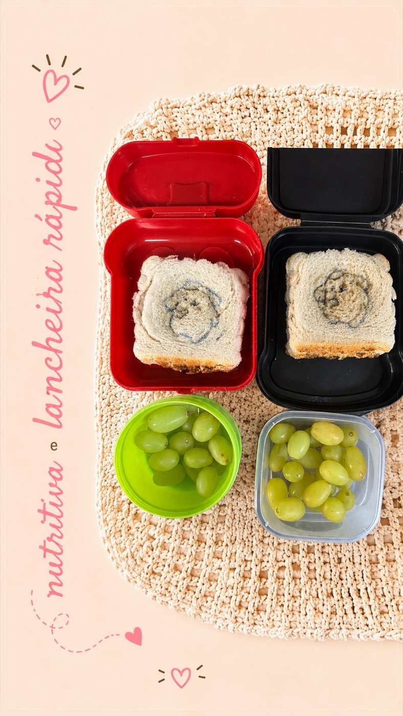 Lancheira com sanduíche e uvas em potes coloridos