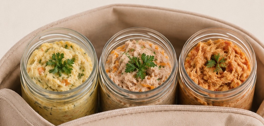 Três potes de vidro com patês caseiros de legumes, atum e frango desfiado